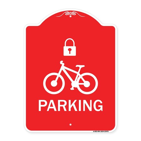 Signmission Parking With Cycle and Lock, Red & White Aluminum Architectural Sign, 18" x 24", RW-1824-23476 A-DES-RW-1824-23476